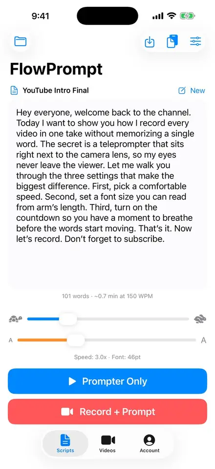 FlowPrompt write, save, and edit screen
